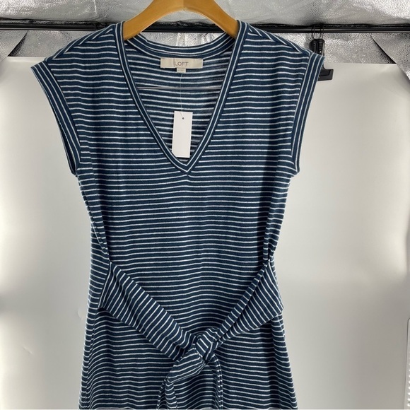NWT Loft Striped Tie Waist V-Neck Midi Dress - 100% Cotton Blue Neutral - Picture 3 of 12
